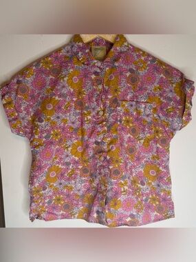 Retro Floral Button Up Shirt Pink Yellow Vintage Style Girls M 10/12